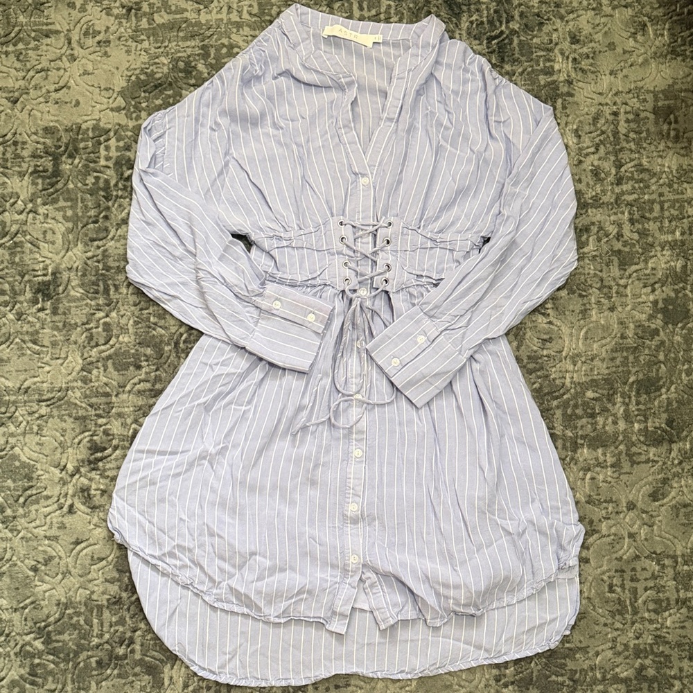 Astr Blue & White Pinstripe Shirt Dress with Corset Detailing